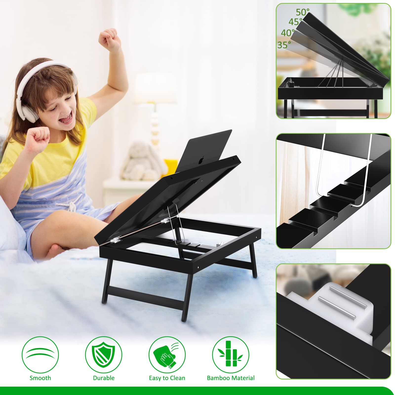 Artmeer Bed Tray Table Breakfast Food Tray With Folding Legs Serving Tray For Laptop Desk, Sofa,Platters,Tv,Snack,Eating Tray(Bl